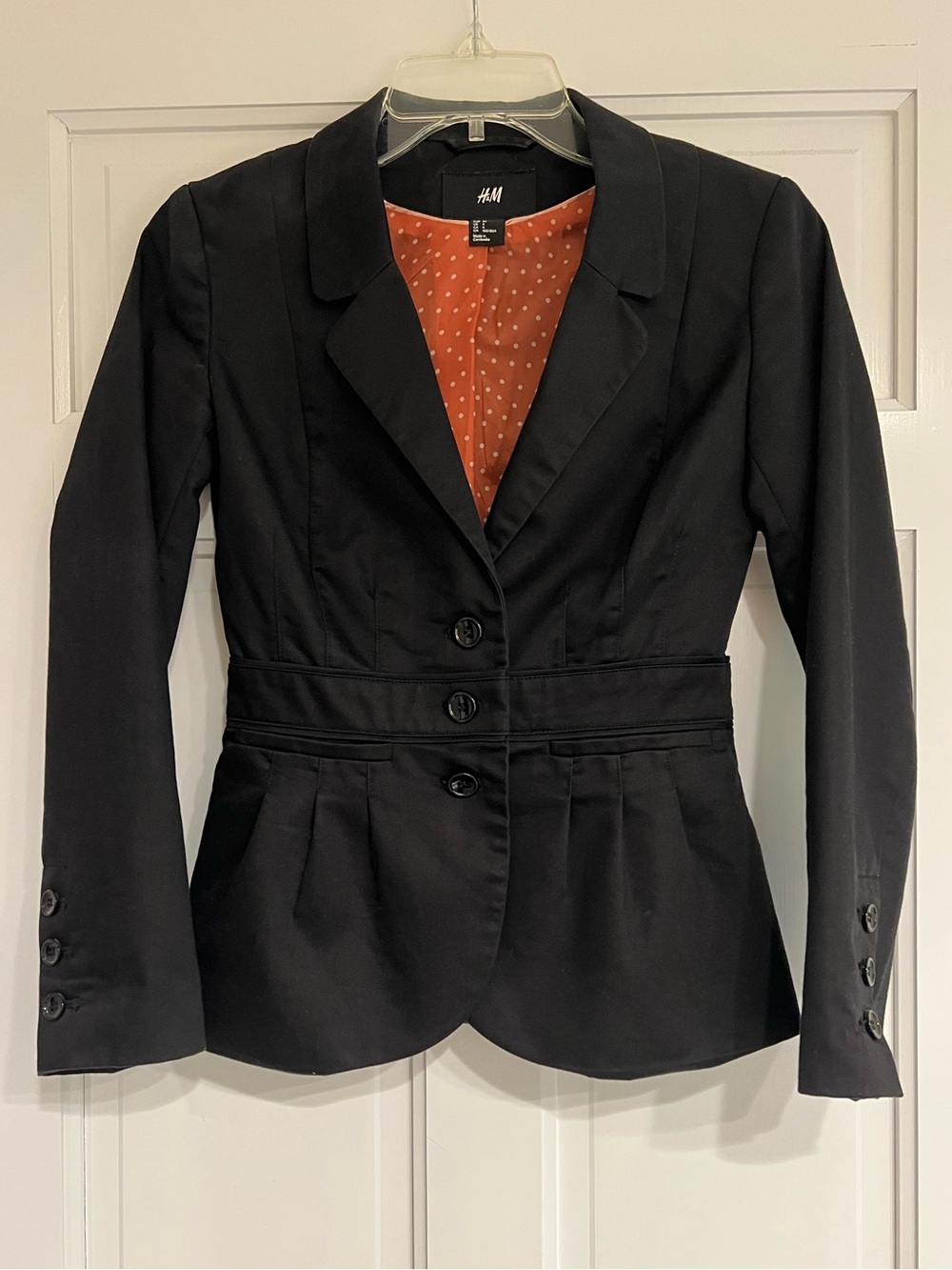 H&M Black Blazer with Rust Polka Dot Lining